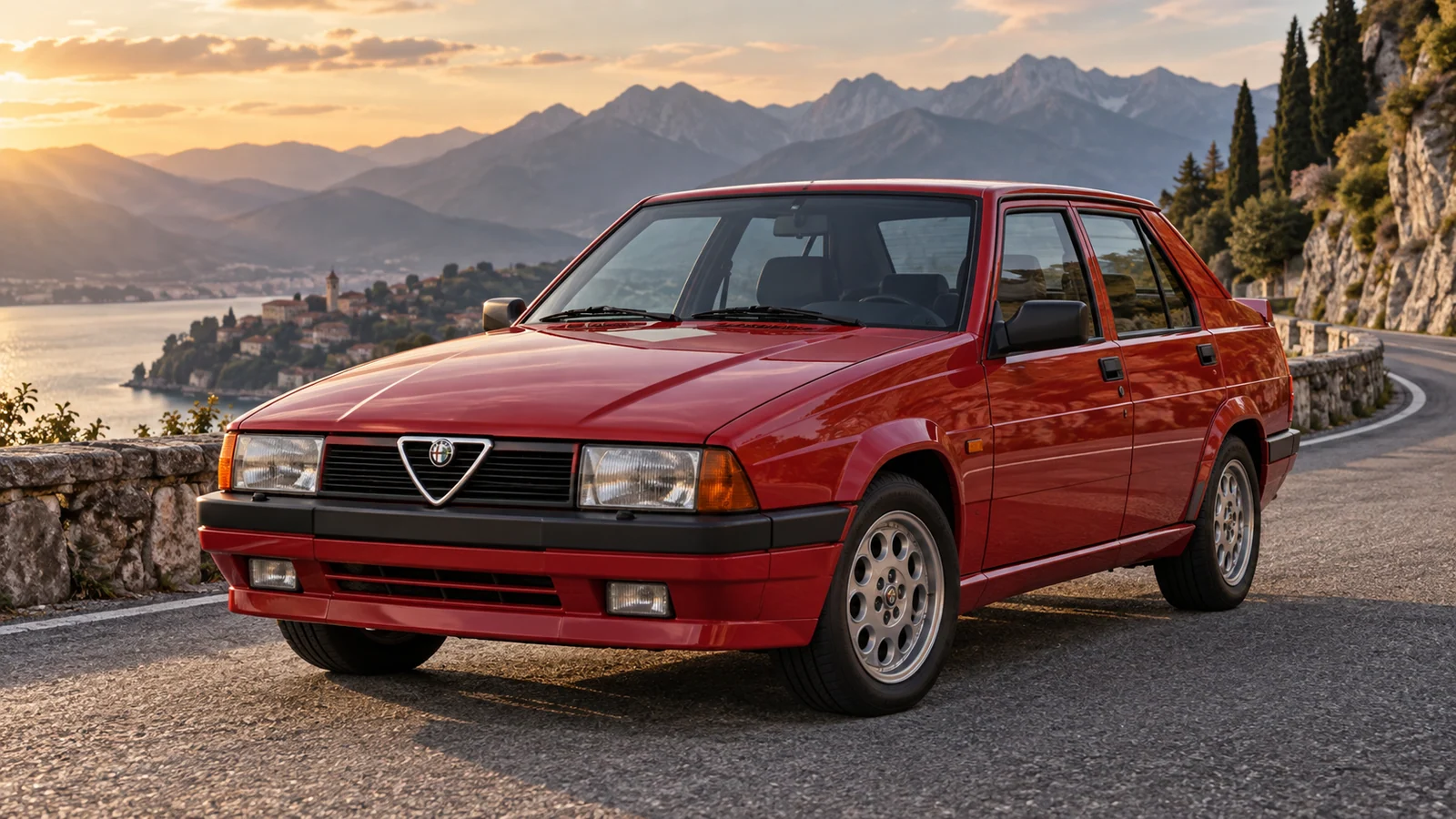 Красная Alfa Romeo 75 на горной дороге