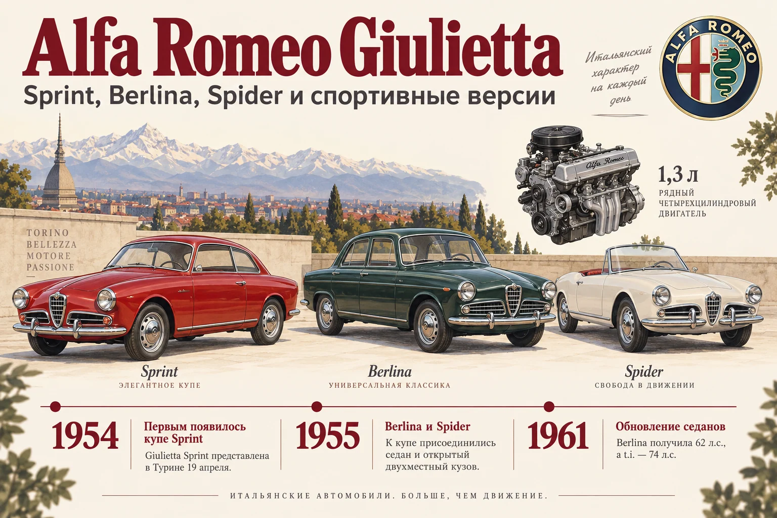 Alfa Romeo Giulietta: Sprint, Berlina, Spider и спортивные версии: редакционная иллюстрация истории и особенностей модели