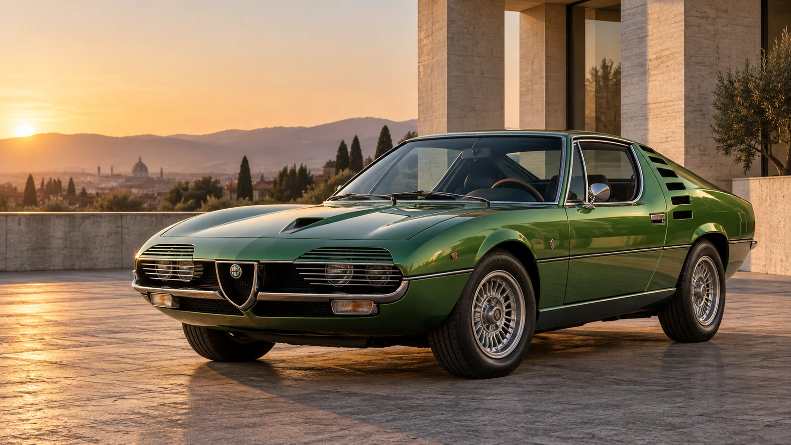 Зелёная Alfa Romeo Montreal начала 1970-х у итальянской виллы