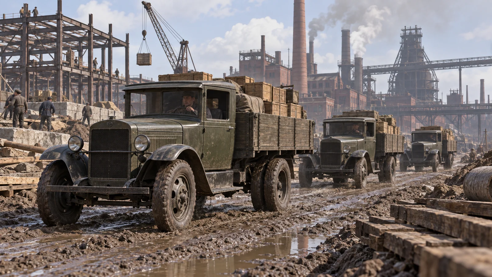 Колонна АМО-3 на промышленной стройке 1930-х
