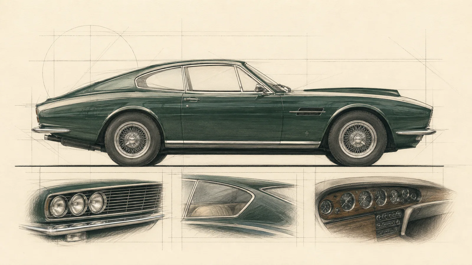 Эскиз пропорций и деталей Aston Martin DBS