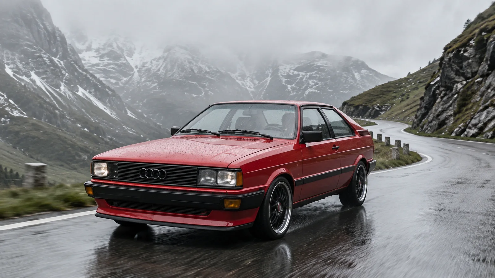 Красный Audi quattro первого поколения на мокром альпийском перевале