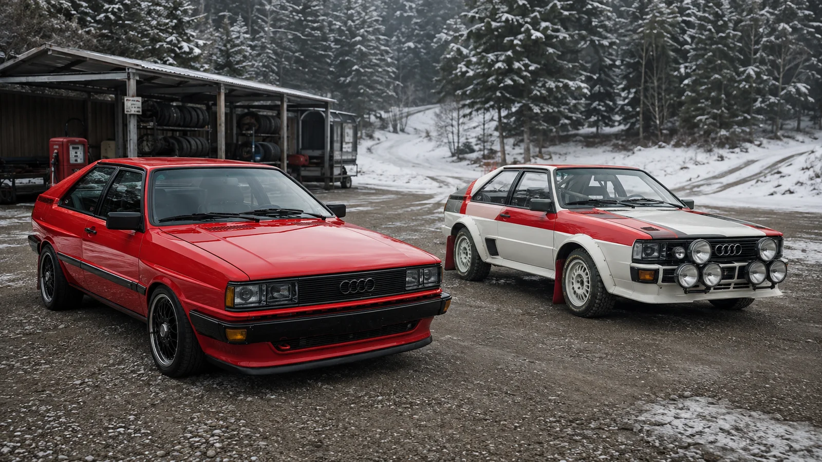 Дорожный Audi quattro и ранняя раллийная версия