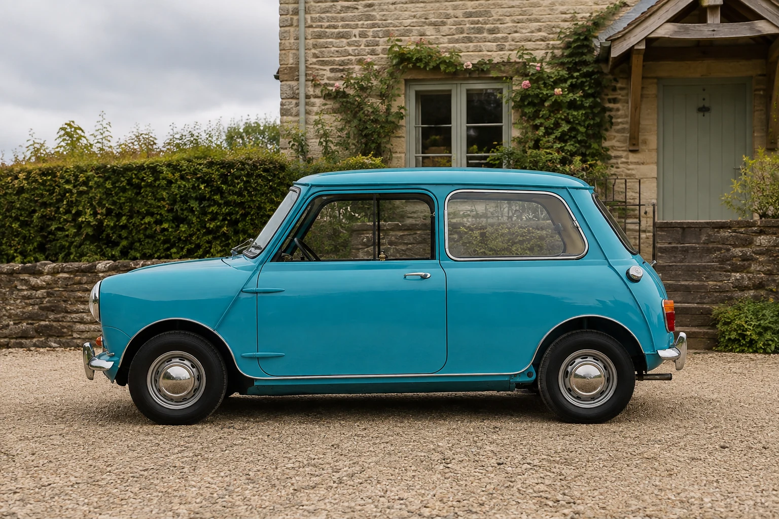 Профиль раннего Austin Mini с маленькими колёсами и короткими свесами
