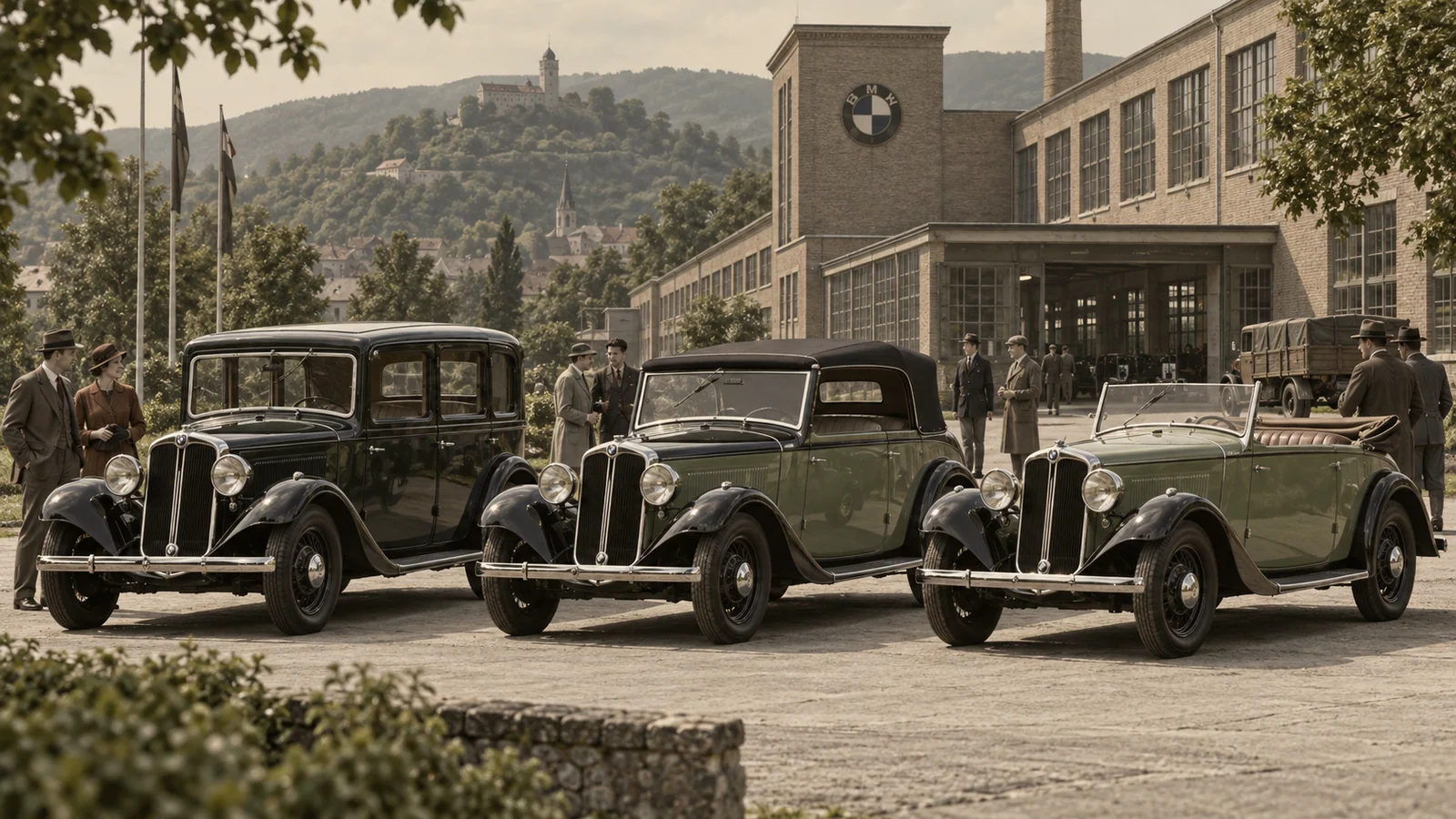 Седан и кабриолеты BMW 303 у завода в Айзенахе