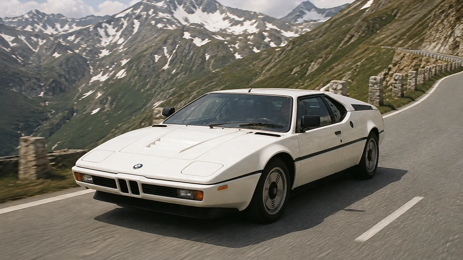 Белый BMW M1 E26 на альпийской дороге