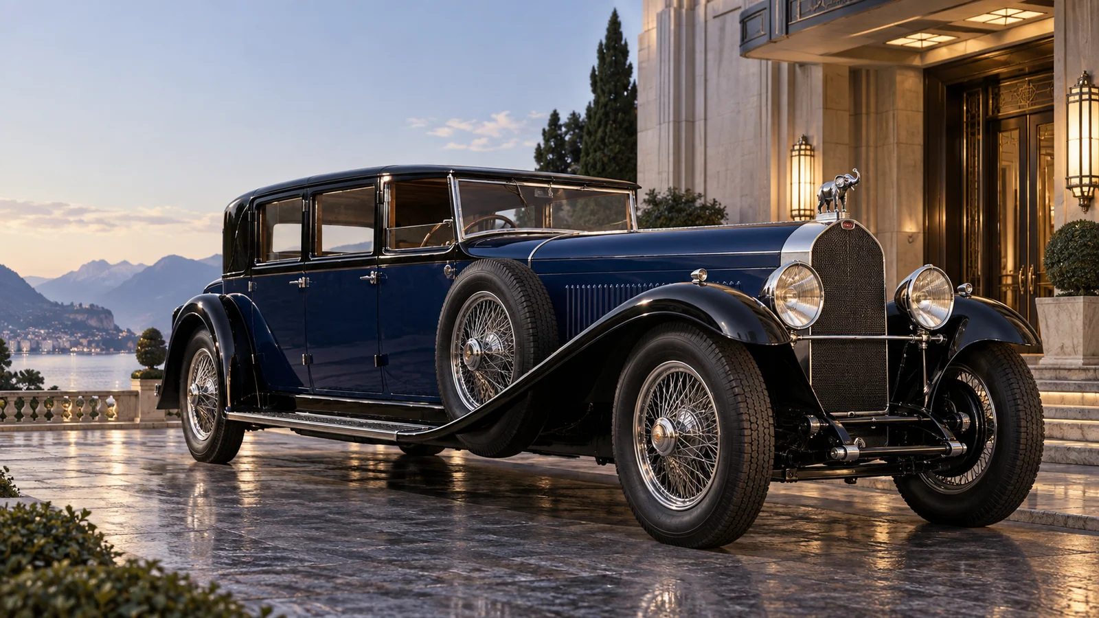 Bugatti Type 41 Royale у отеля в стиле ар-деко