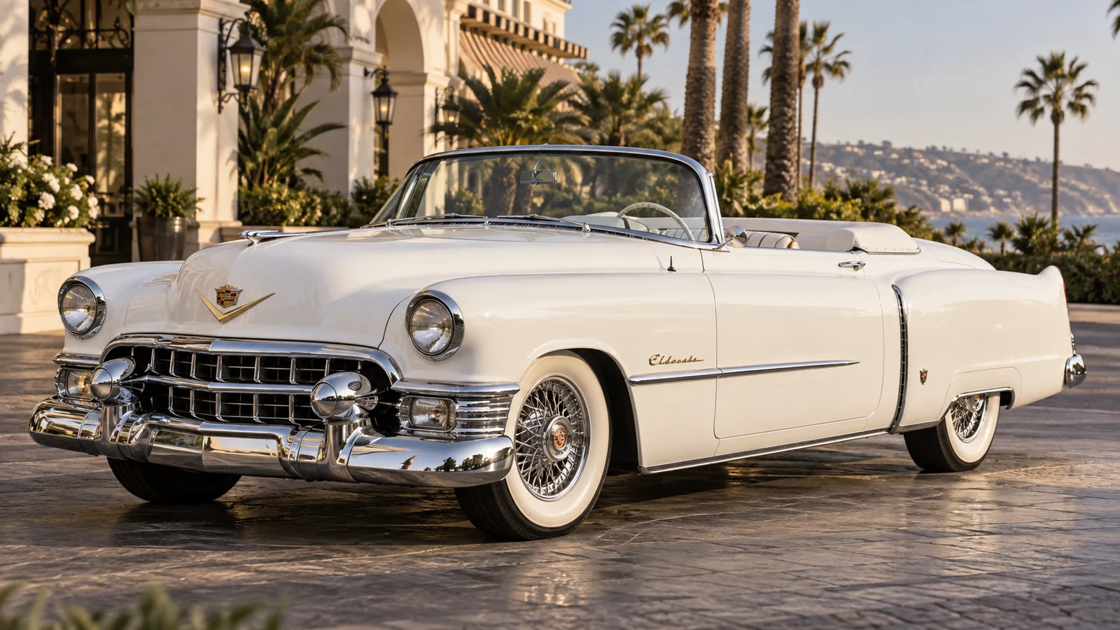 Белый Cadillac Eldorado 1953 года с открытым верхом