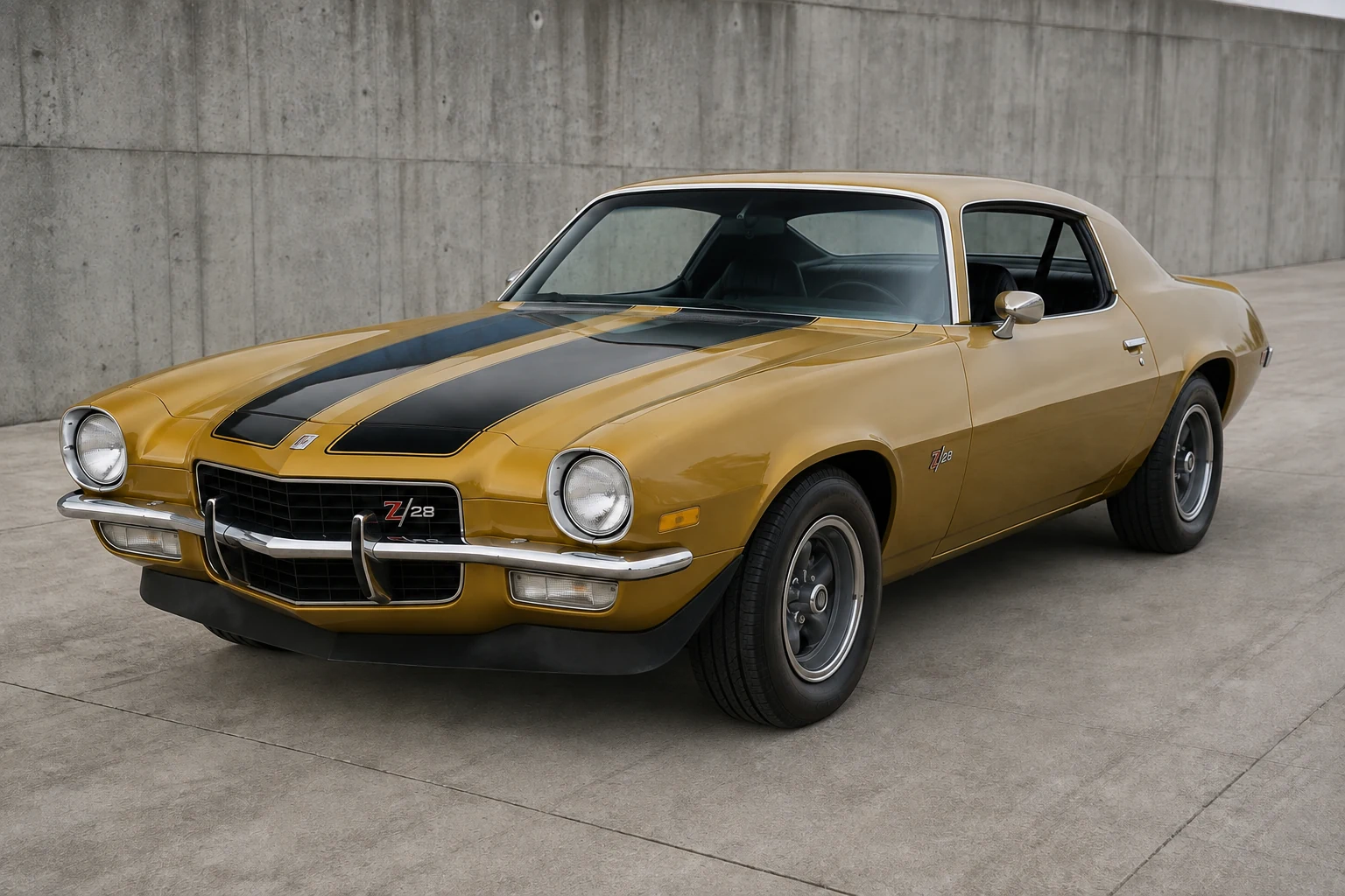 Золотистый Camaro Z28 1970 года с цельным передним бампером