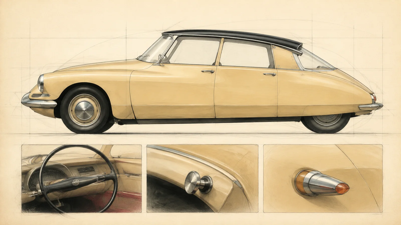 Профиль и характерные детали раннего Citroën DS