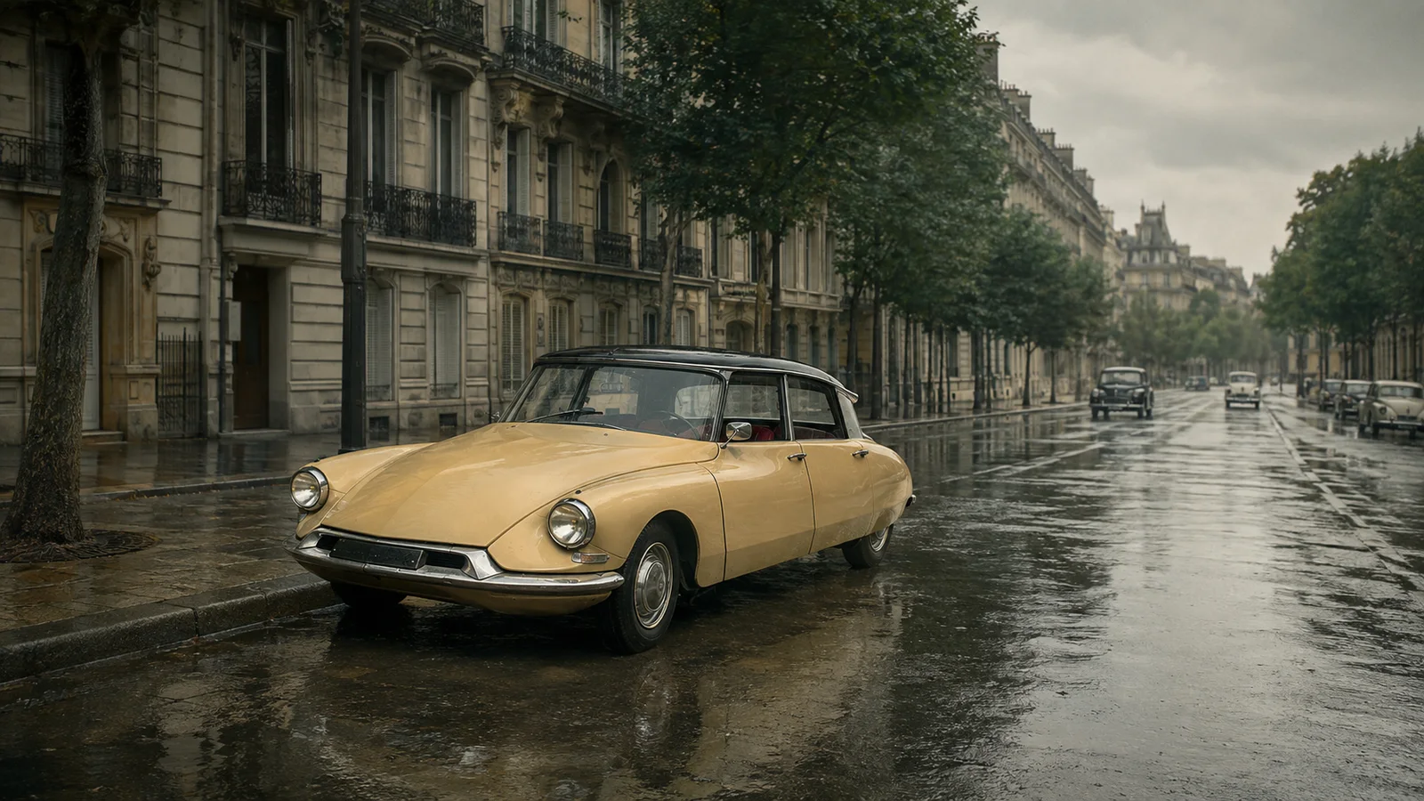 Ранний Citroën DS 19 на парижском бульваре после дождя