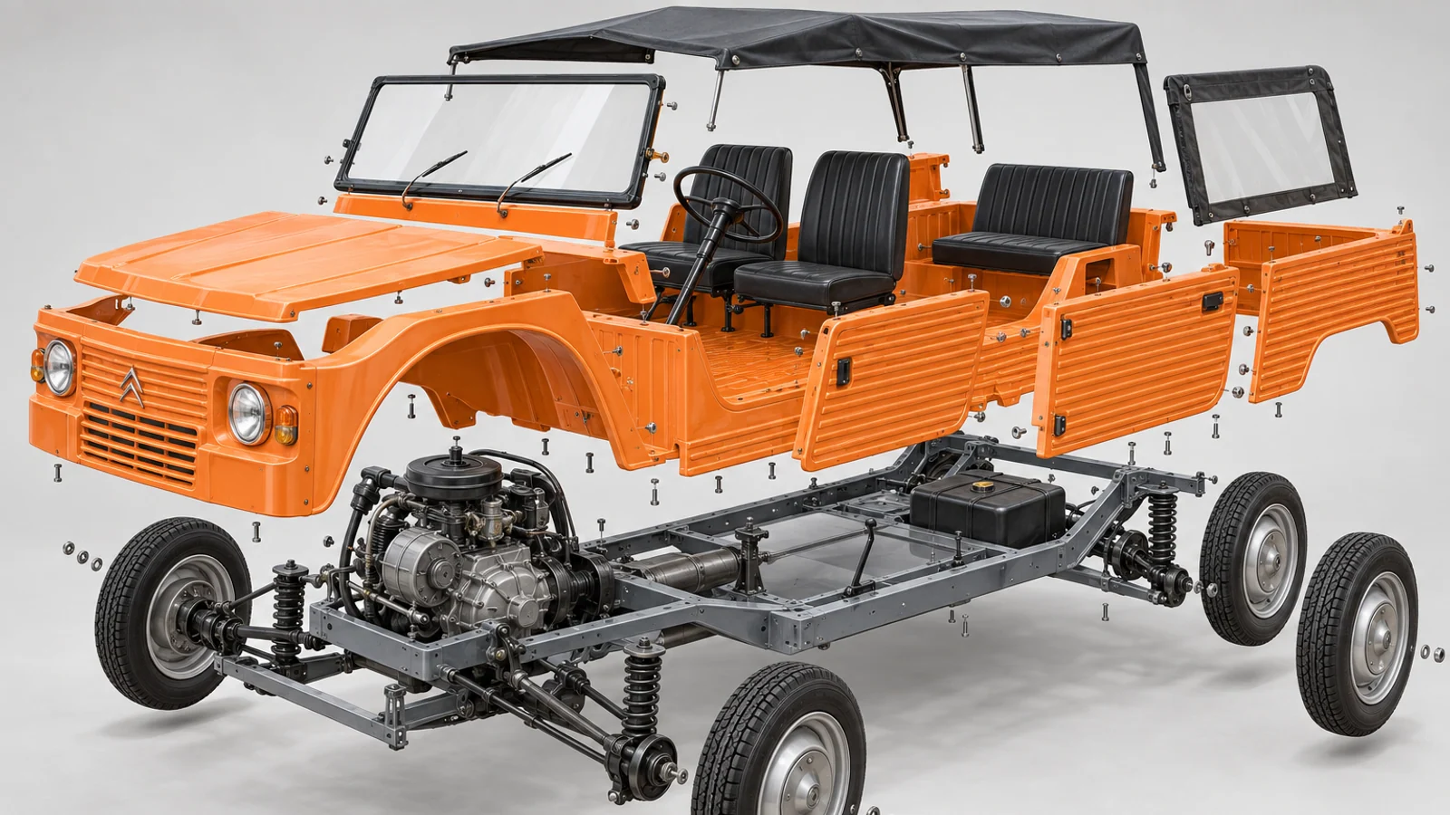 Пластиковые панели и платформа Citroën Méhari в разборе