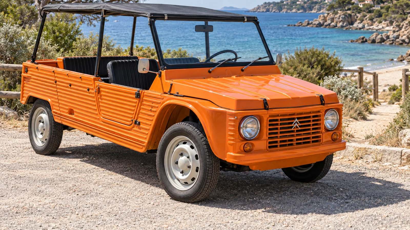 Оранжевый Citroën Méhari на средиземноморской дороге