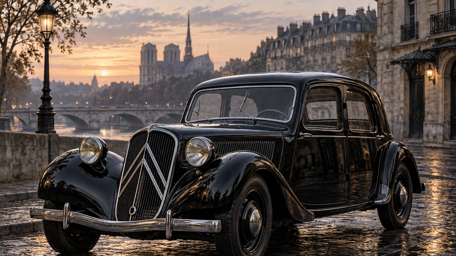 Чёрный Citroën Traction Avant 7 на улице Парижа
