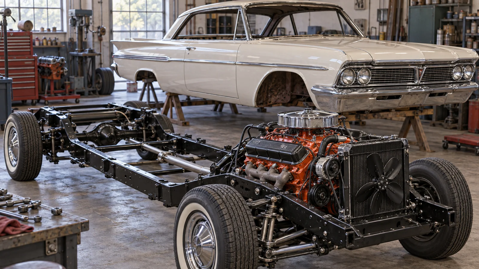 Схема компоновки раннего Dodge Polara с V8 и торсионной передней подвеской