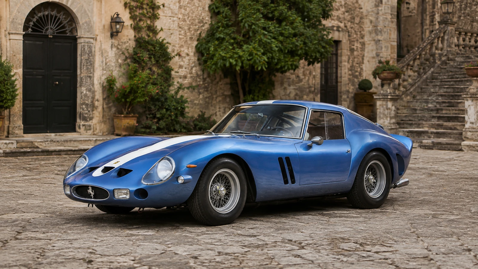 Ferrari 250 GTO Series I 1962 года в синей окраске с белой полосой по облику восстановленного шасси 3387