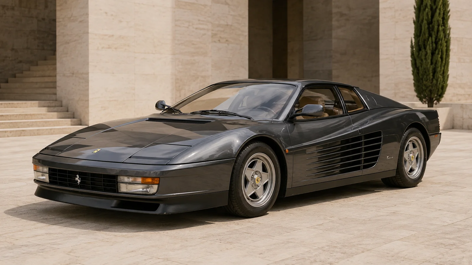 Серая Ferrari Testarossa с характерными боковыми воздухозаборниками