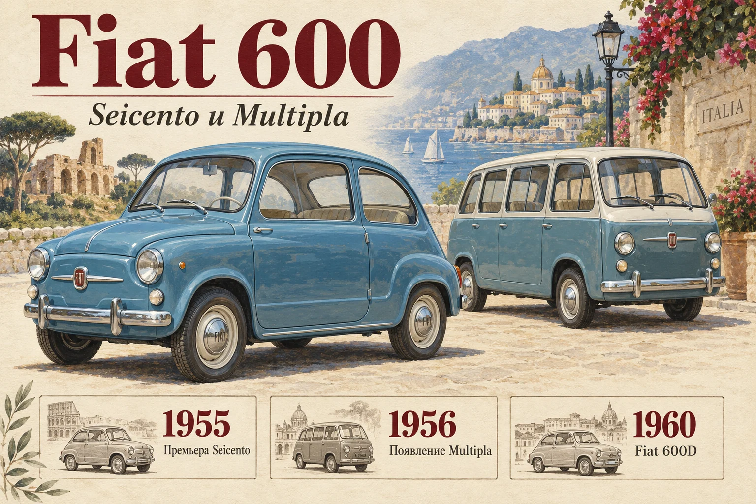Fiat 600: Seicento, Multipla и разные национальные истории: редакционная иллюстрация истории и особенностей модели