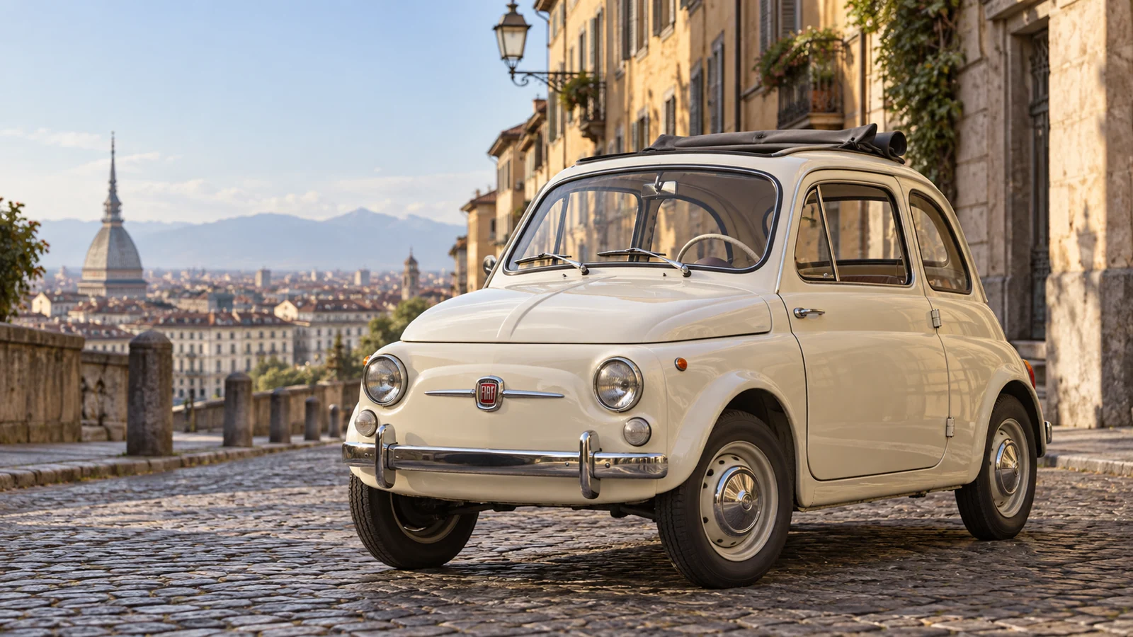 Кремовый Fiat Nuova 500 на улице Турина