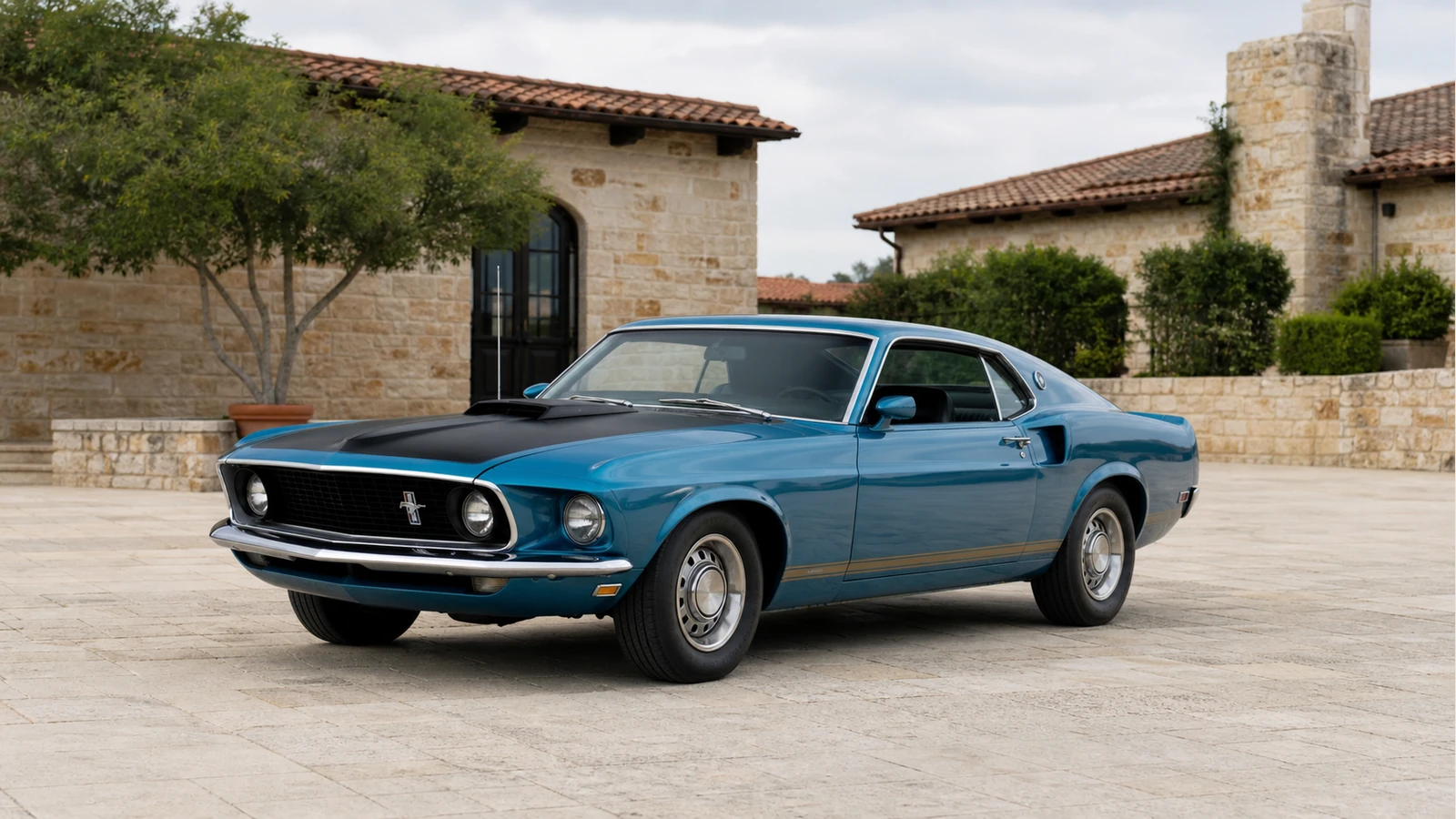 Синий Ford Mustang Mach 1 1969 года, вид спереди в три четверти
