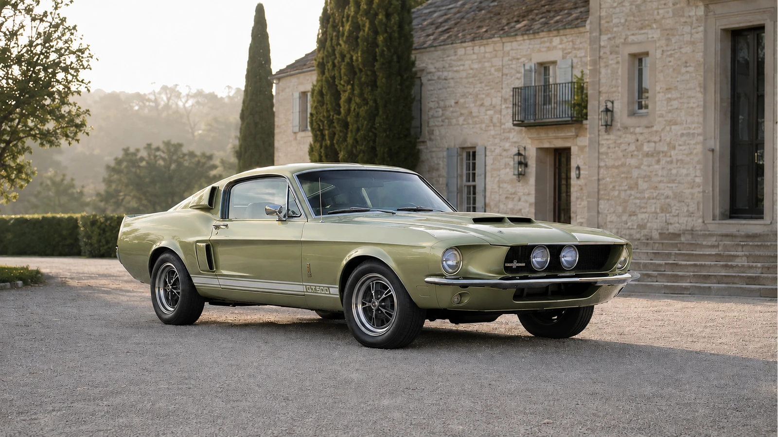 Shelby GT500 1967 года в цвете Lime Gold — общий вид спереди