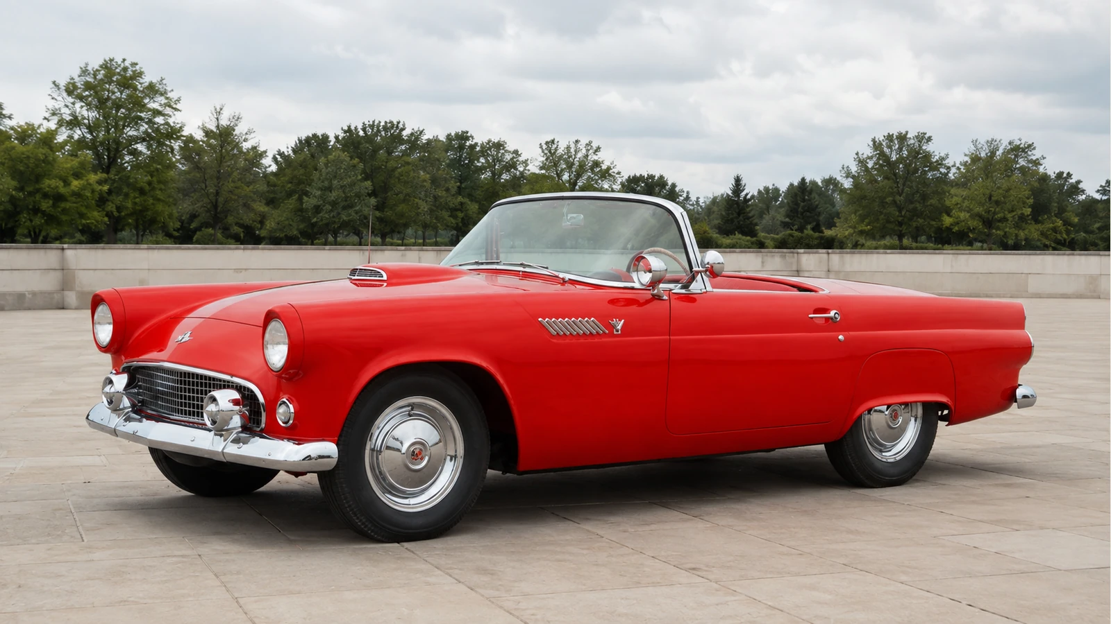 Красный Ford Thunderbird 1955 года с открытым верхом — передний ракурс