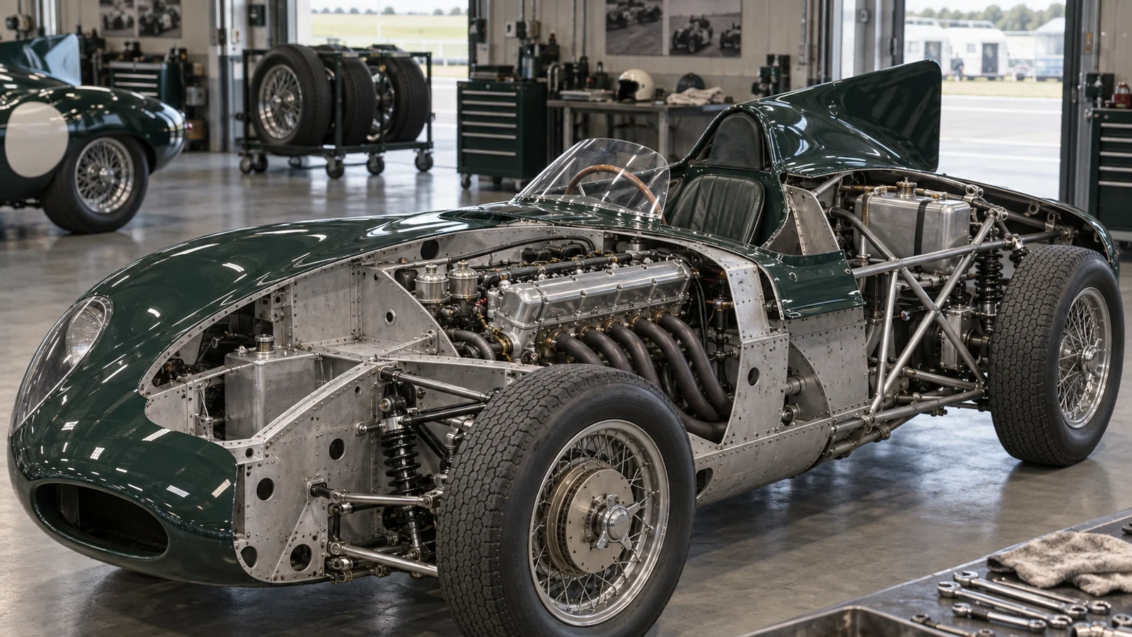 Монокок Jaguar D-Type, трубчатая задняя часть и двигатель XK