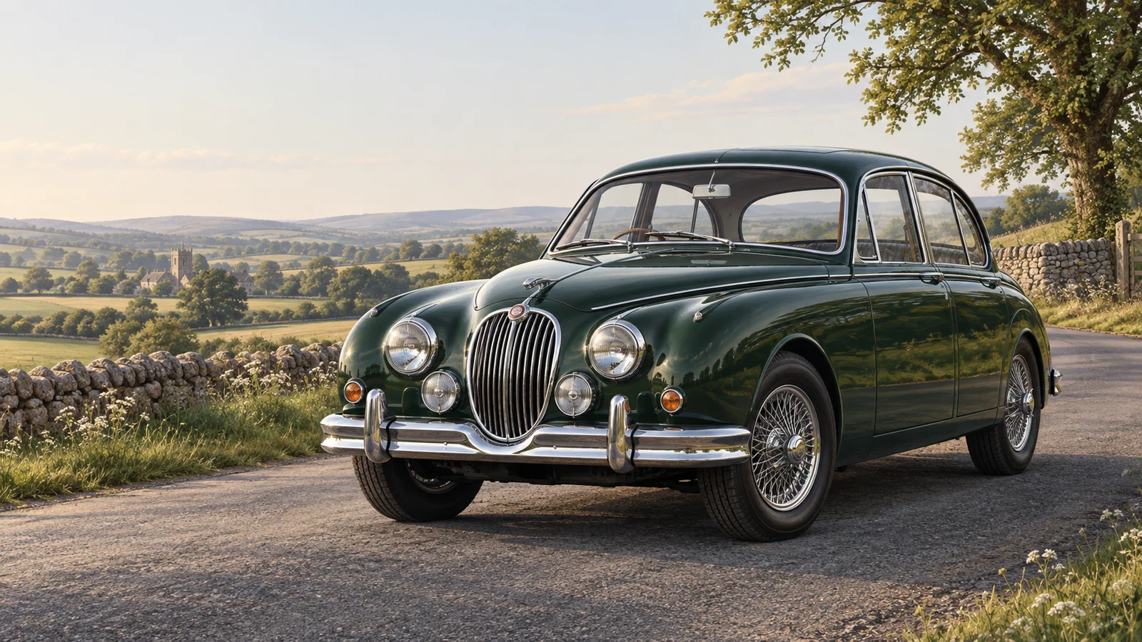Зелёный Jaguar Mark 2 3.8 на английской дороге
