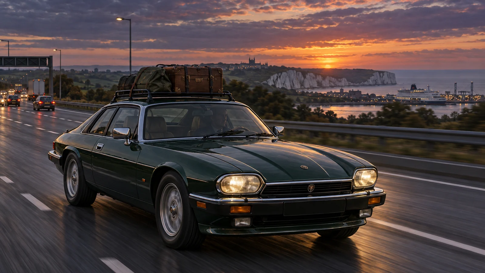 Jaguar XJ-S в дальней поездке по британской автомагистрали