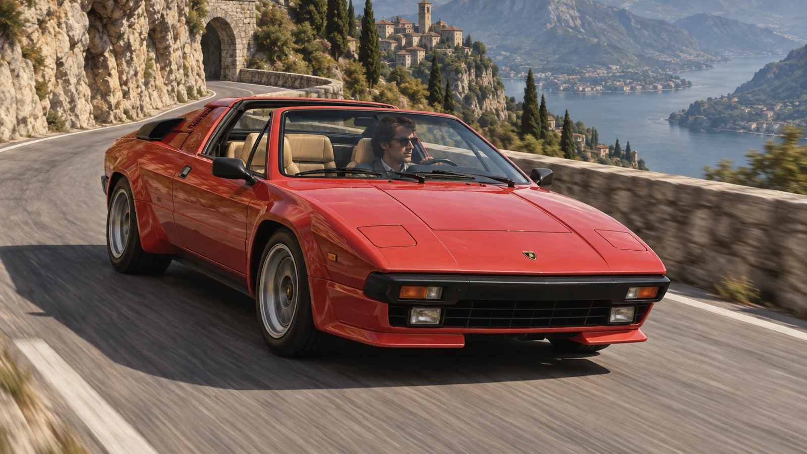 Lamborghini Jalpa со снятой крышей на итальянском горном перевале