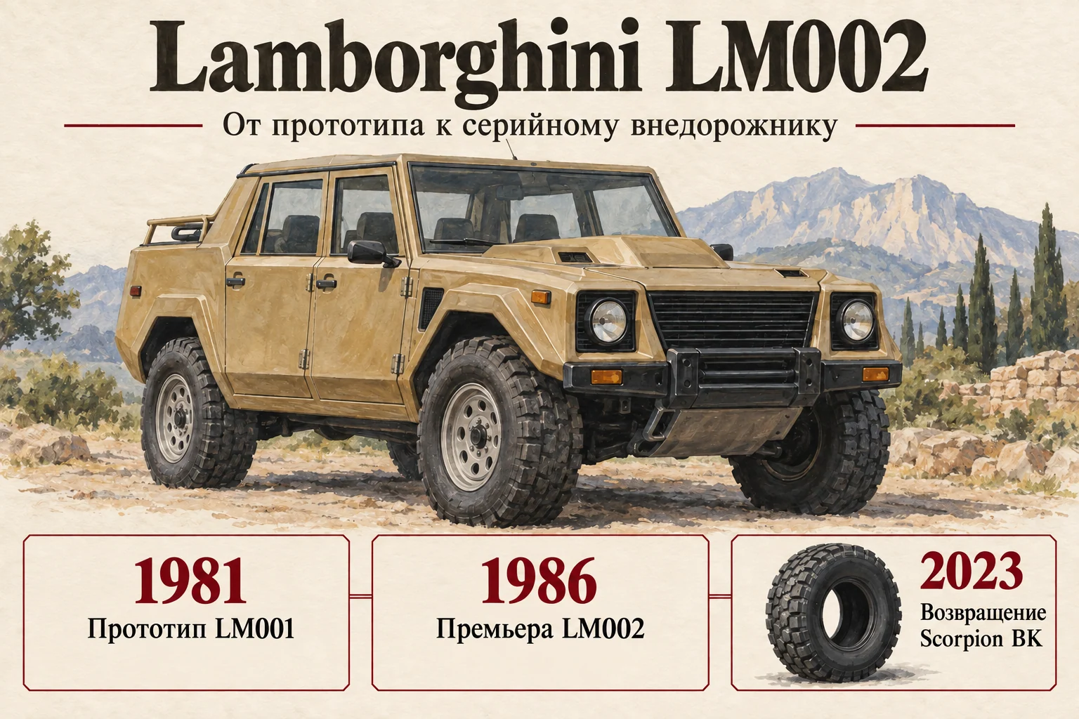 Lamborghini LM002: V12, внедорожная трансмиссия и шины с «ушами»: редакционная иллюстрация истории и особенностей модели