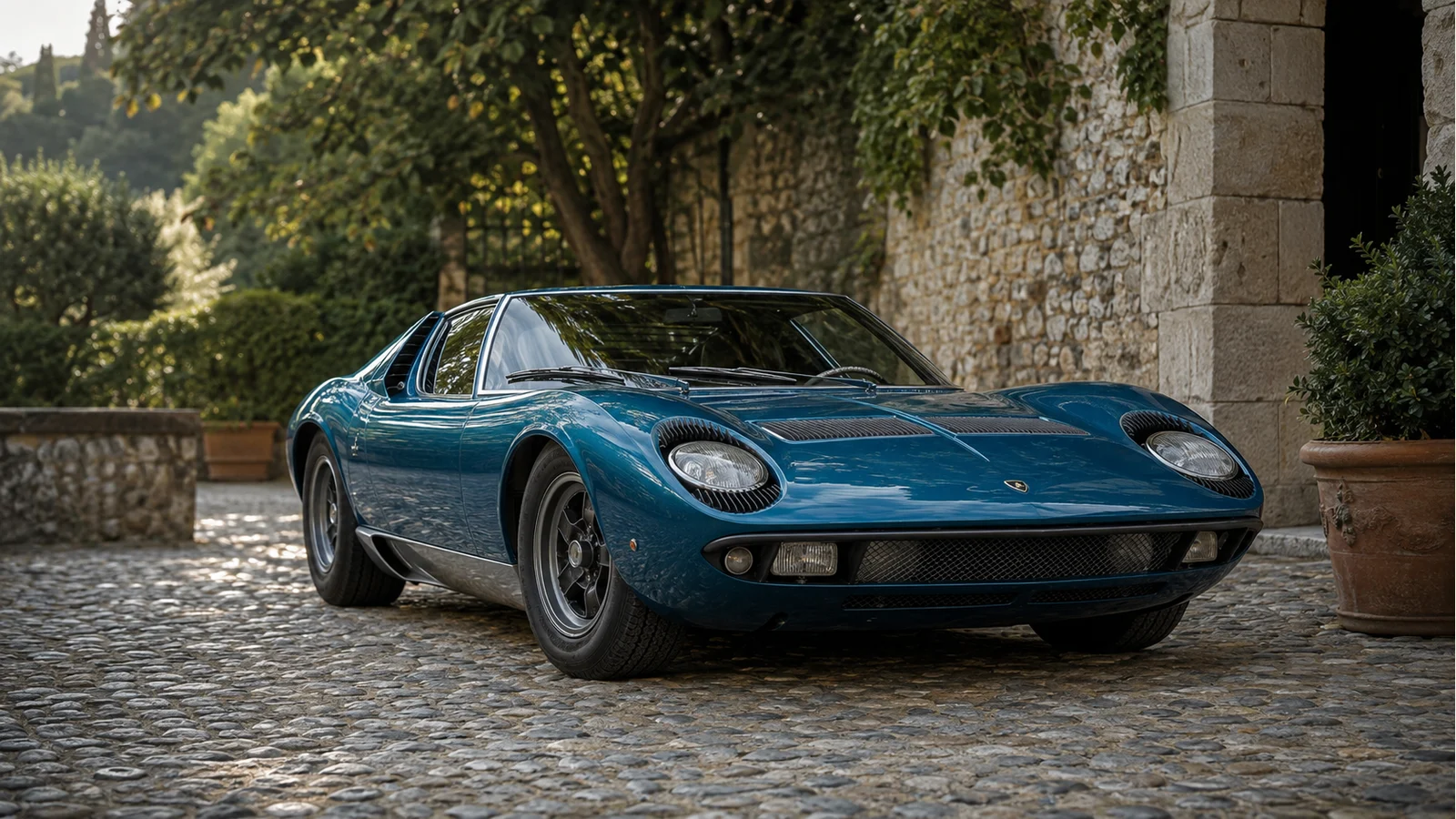 Синяя Lamborghini Miura P400 с характерными обводами фар