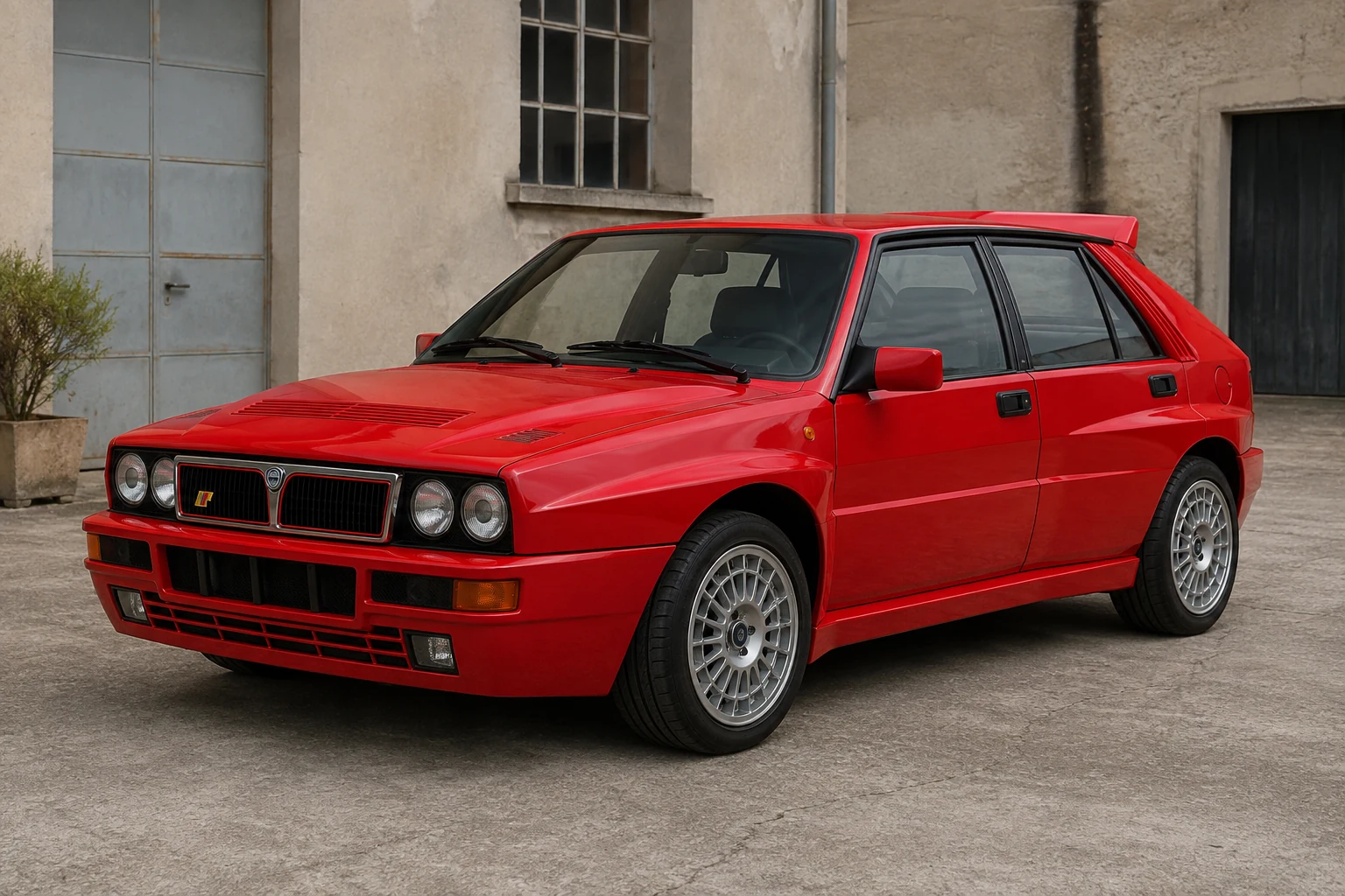 Красная Lancia Delta Integrale Evoluzione I 1992 года, вид спереди и слева