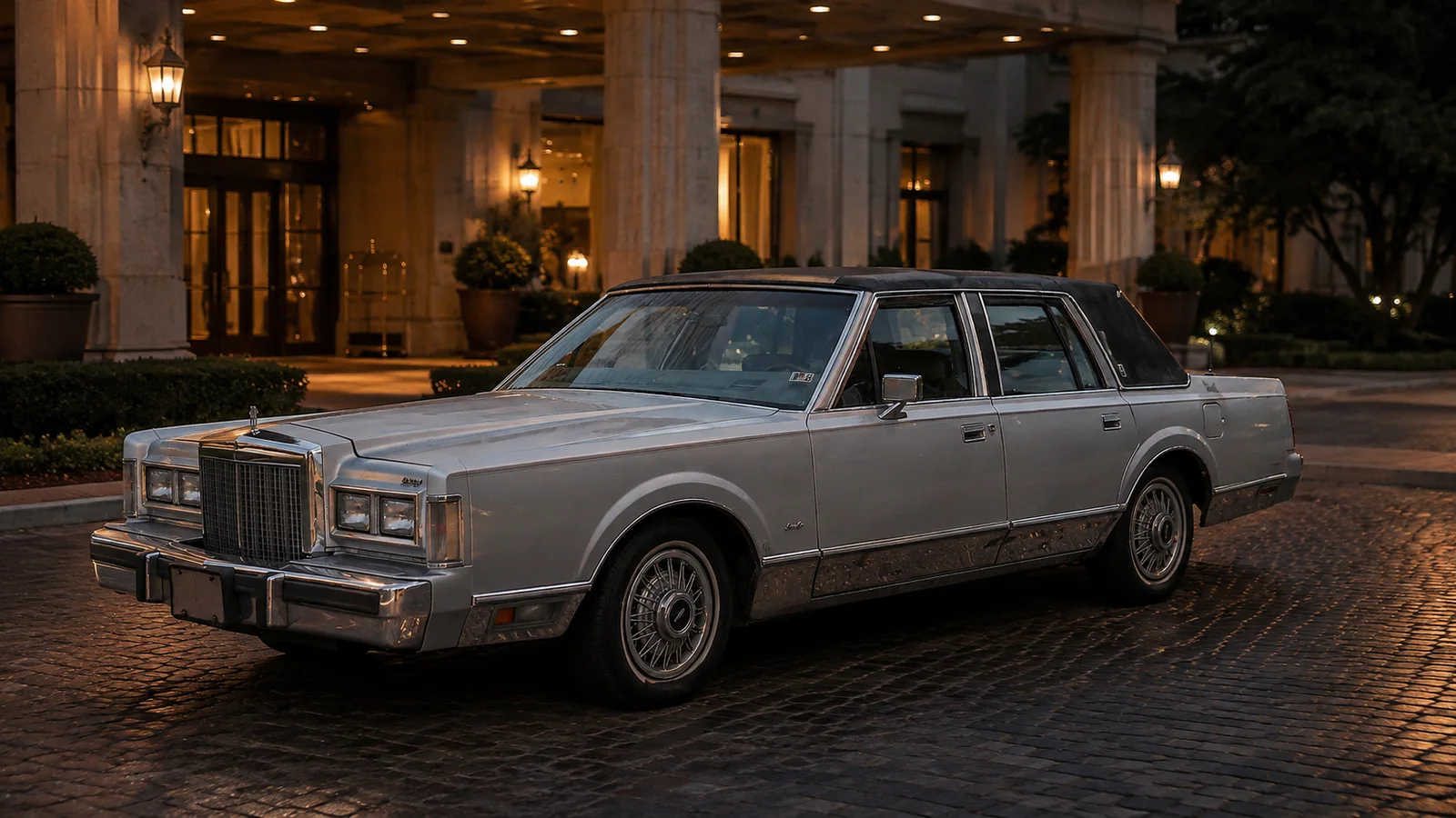 Серебристый Lincoln Town Car первого поколения у отеля