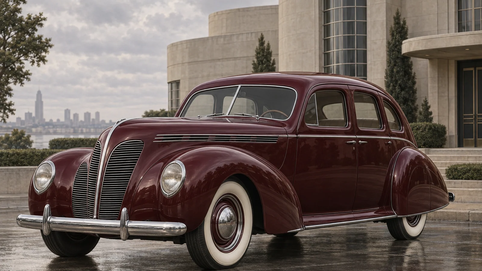 Бордовый Lincoln Zephyr 1936 года у здания в стиле ар-деко