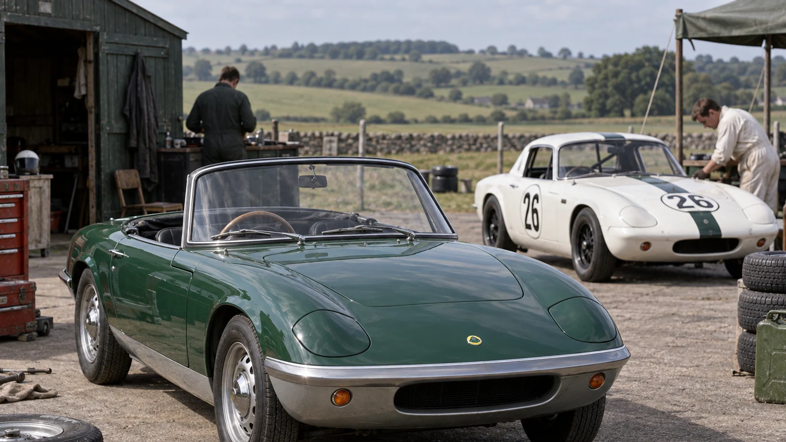 Lotus Elan и гоночный Type 26R на британской трассе