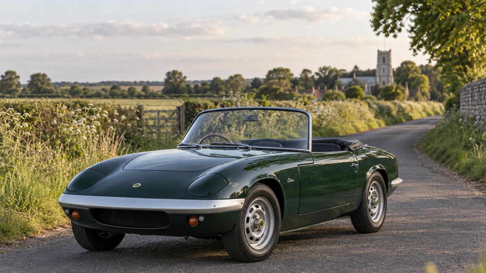 Зелёный Lotus Elan первого поколения на загородной дороге