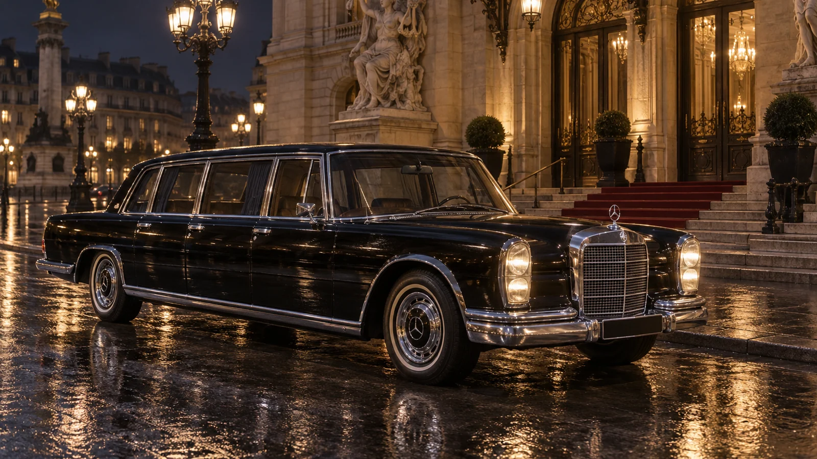 Длинный Mercedes-Benz 600 Pullman у европейского оперного театра