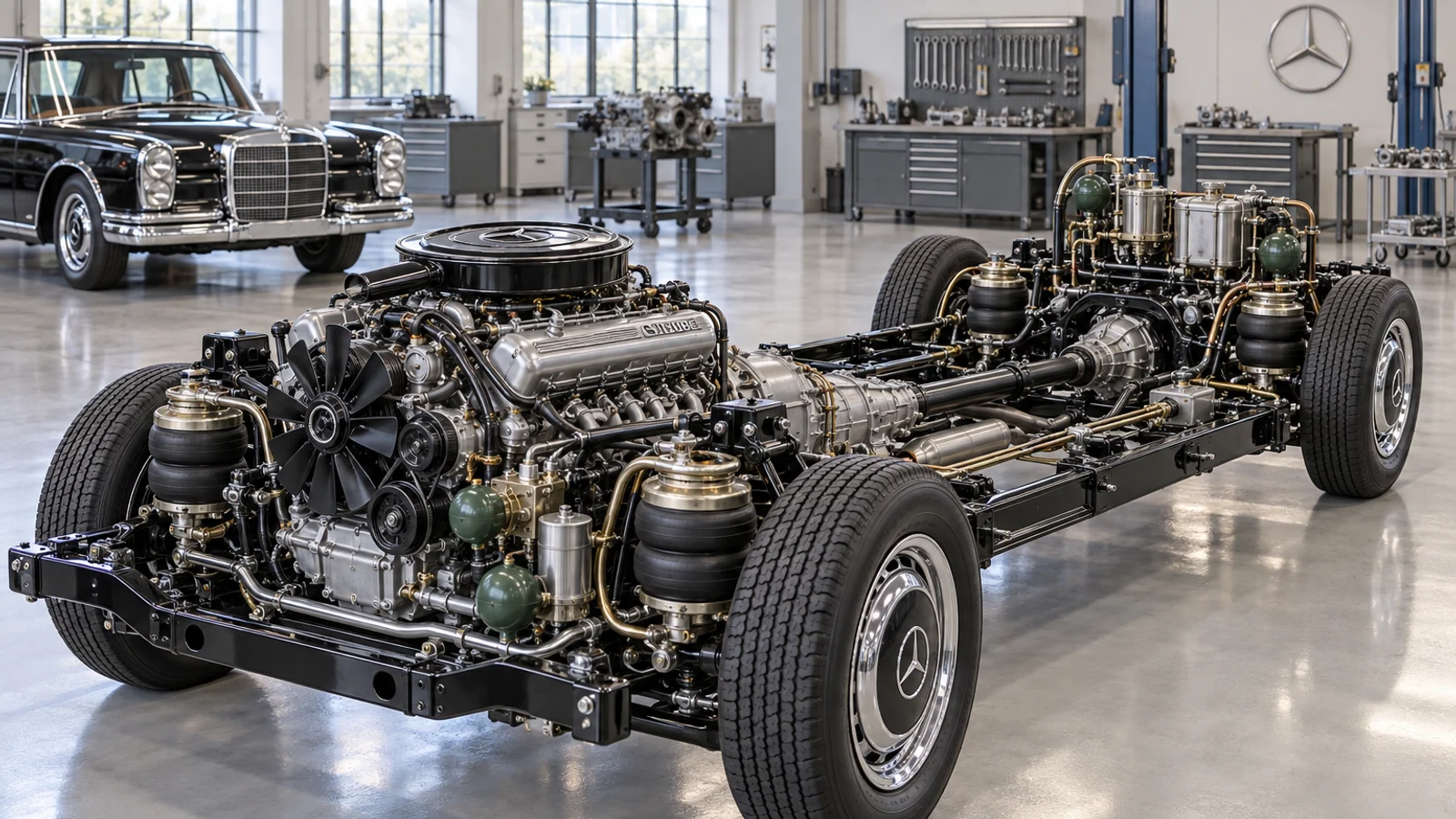 Шасси Mercedes-Benz 600 W100 с V8 M100 и пневмоподвеской