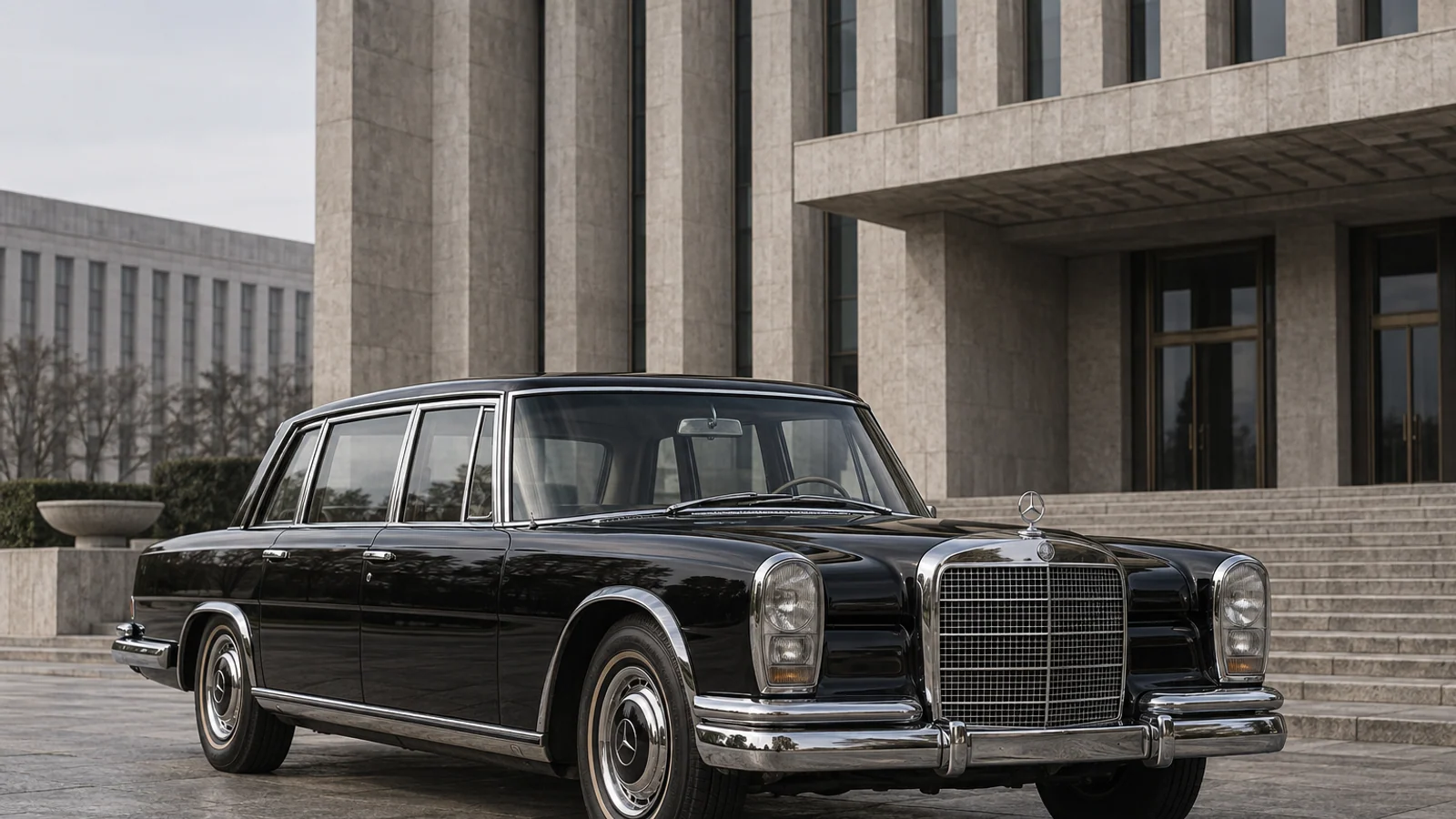 Чёрный Mercedes-Benz 600 W100 с короткой колёсной базой