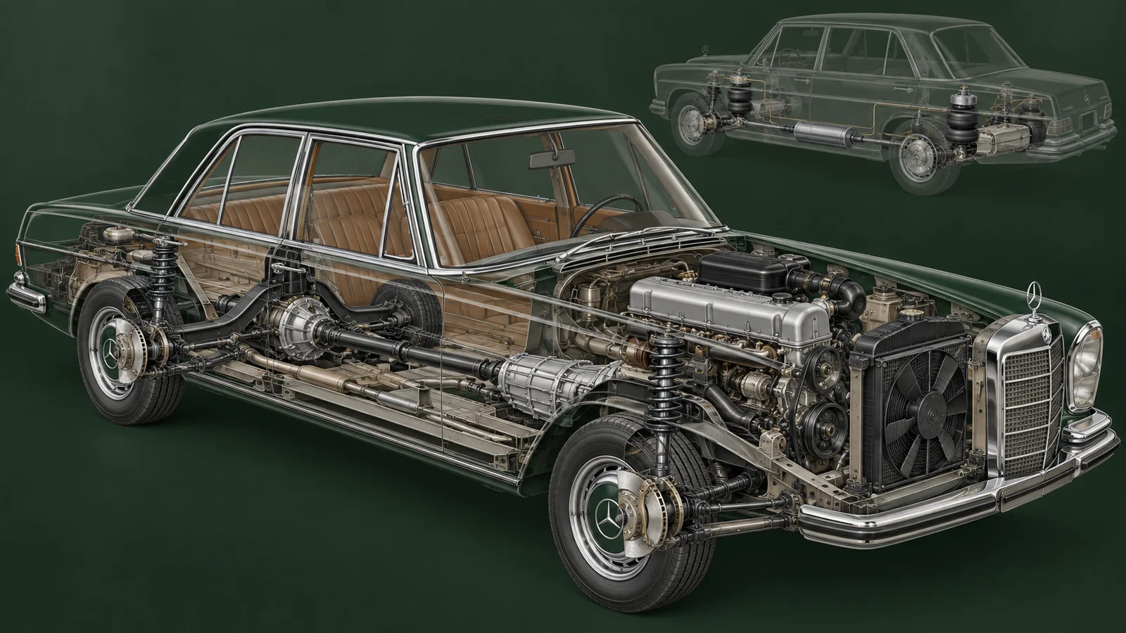 Шасси Mercedes-Benz W108 и отдельная схема пневмоподвески W109
