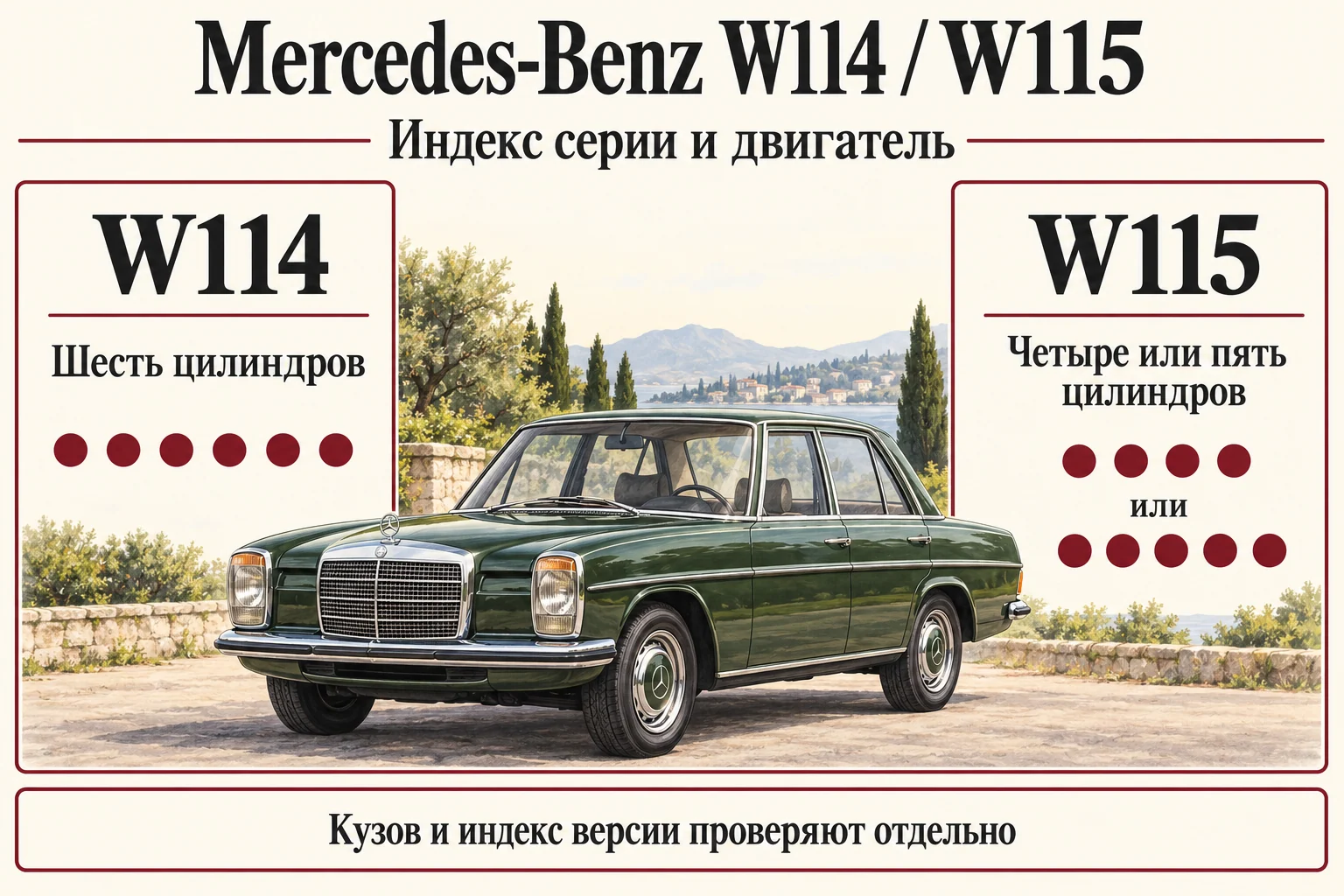 Mercedes-Benz W114/W115: моторы, кузова и обновление 1973 года: редакционная иллюстрация истории и особенностей модели