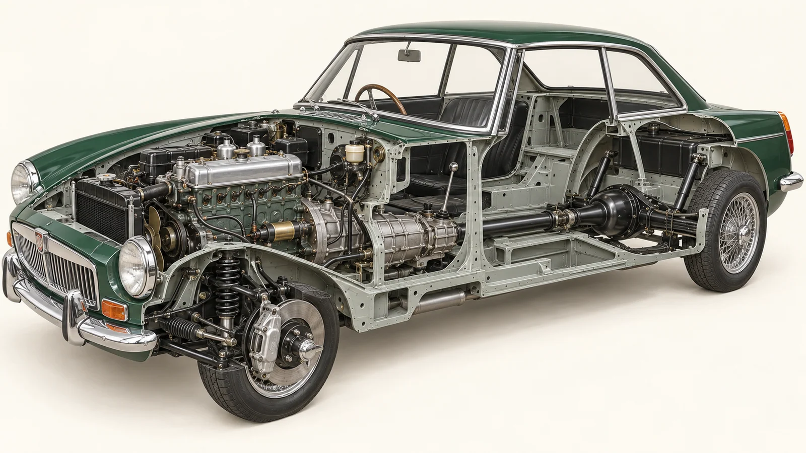 Несущий кузов, двигатель и шасси MG MGB