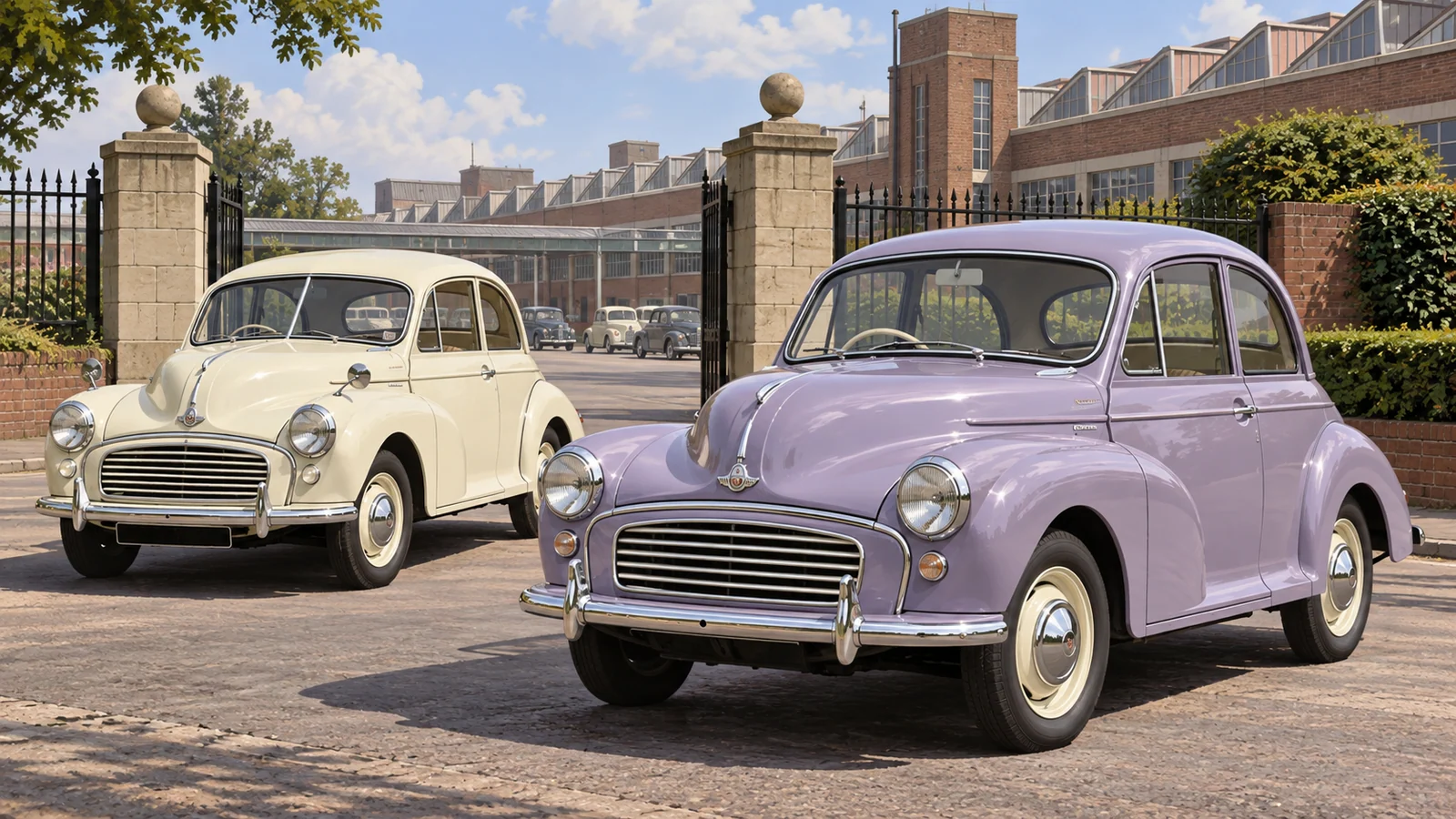 Morris Minor Million рядом с ранним split-screen Minor
