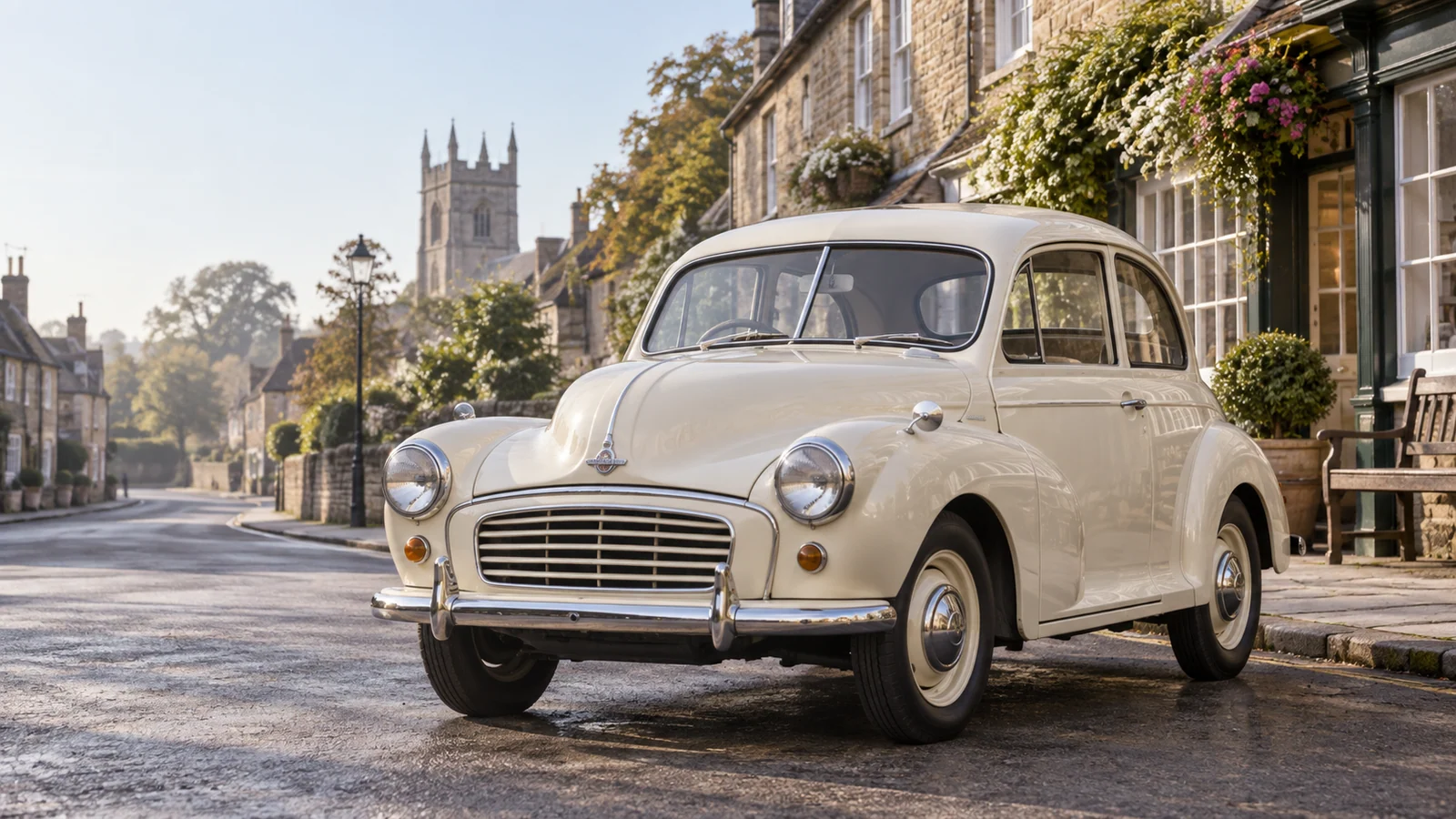 Кремовый Morris Minor Series II на английской улице