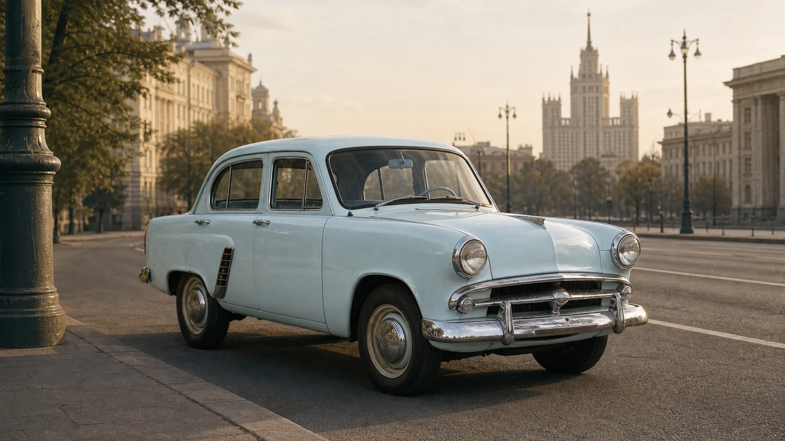 Светло-голубой Москвич-402 на московском проспекте