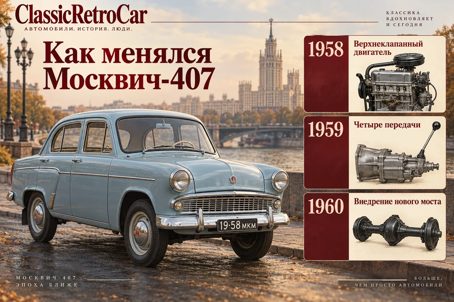 Москвич-407: новый двигатель и изменения 1958–1963 годов: редакционная иллюстрация истории и особенностей модели