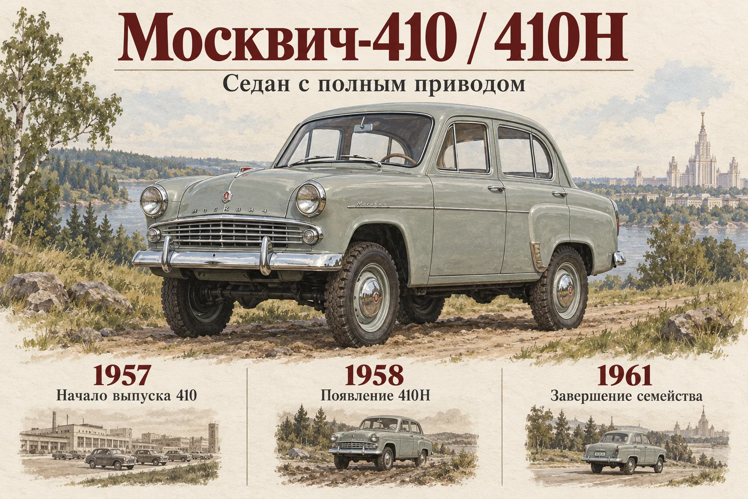 Москвич-410: зачем маленький седан подняли над дорогой: редакционная иллюстрация истории и особенностей модели