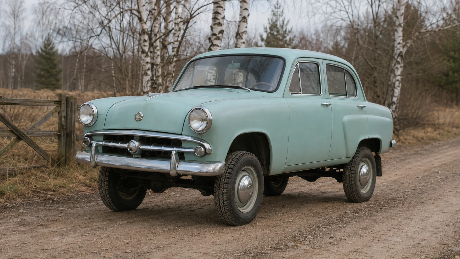 Ранний «Москвич-410» 1957 года: кузов седана на высоком полноприводном шасси