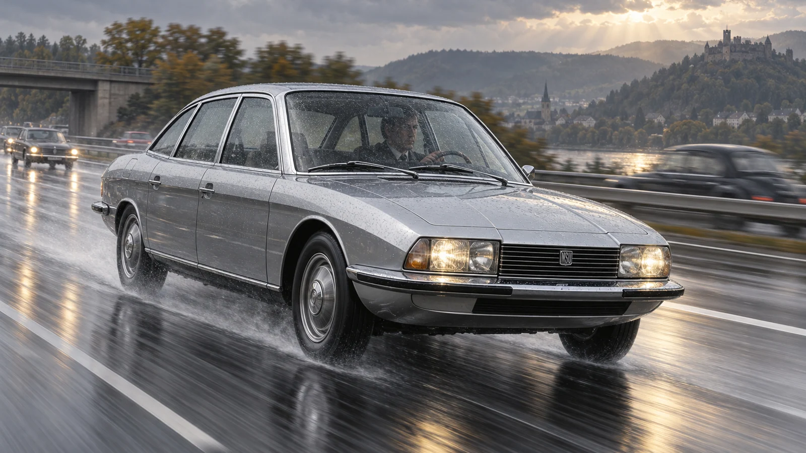 NSU Ro 80 на мокром немецком автобане